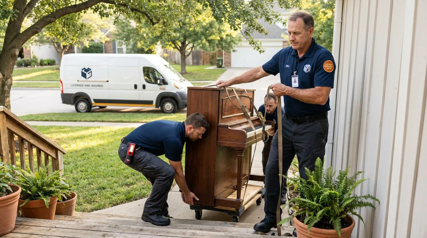 Licensed piano movers securing grand piano in Monte Vista, CO