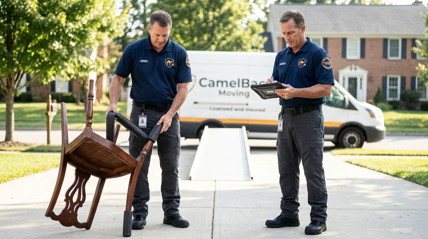 Movers inspecting furniture for damage prevention before loading in Monte Vista, CO