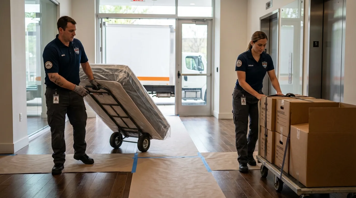 Professional apartment movers loading elevator in Monte Vista, CO