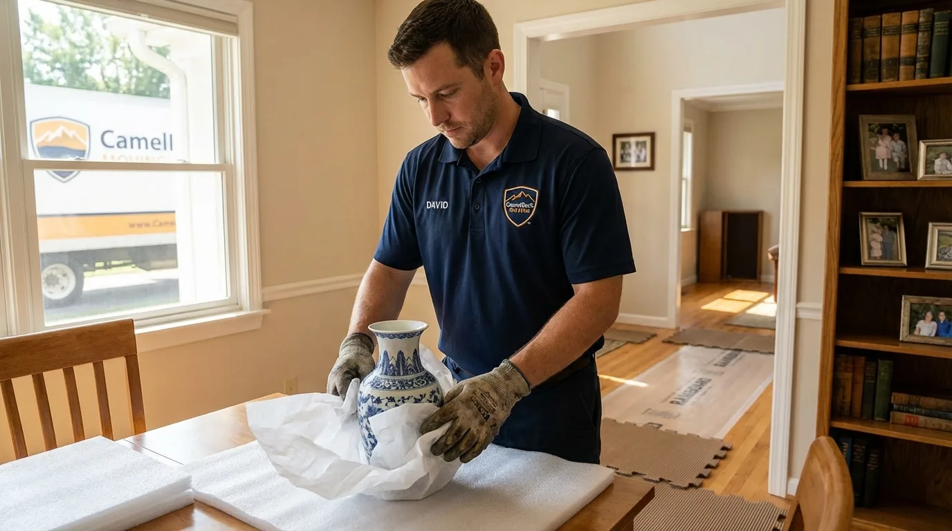 Professional crew carefully wrapping antique vase for senior downsizing move in Monte Vista, CO